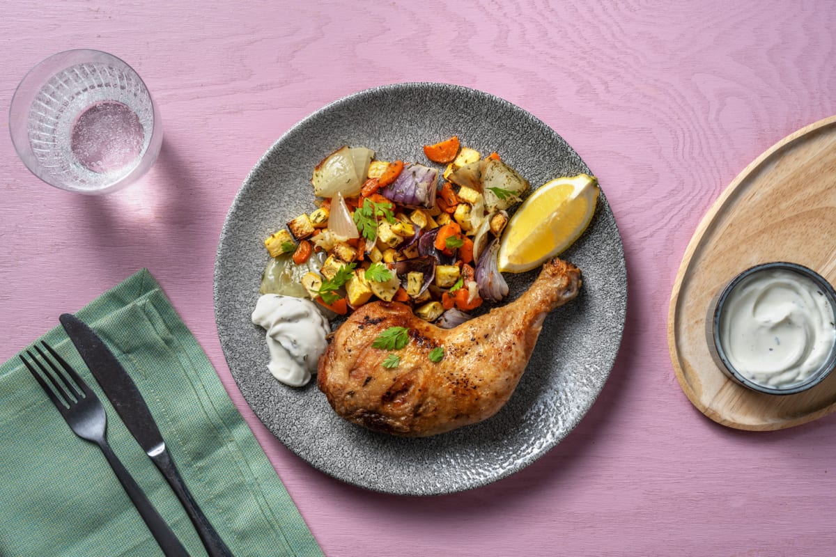 Cuisse de poulet rôtie, oignons & cerfeuil