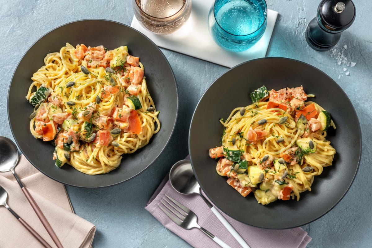 Røkelaks i spaghetti