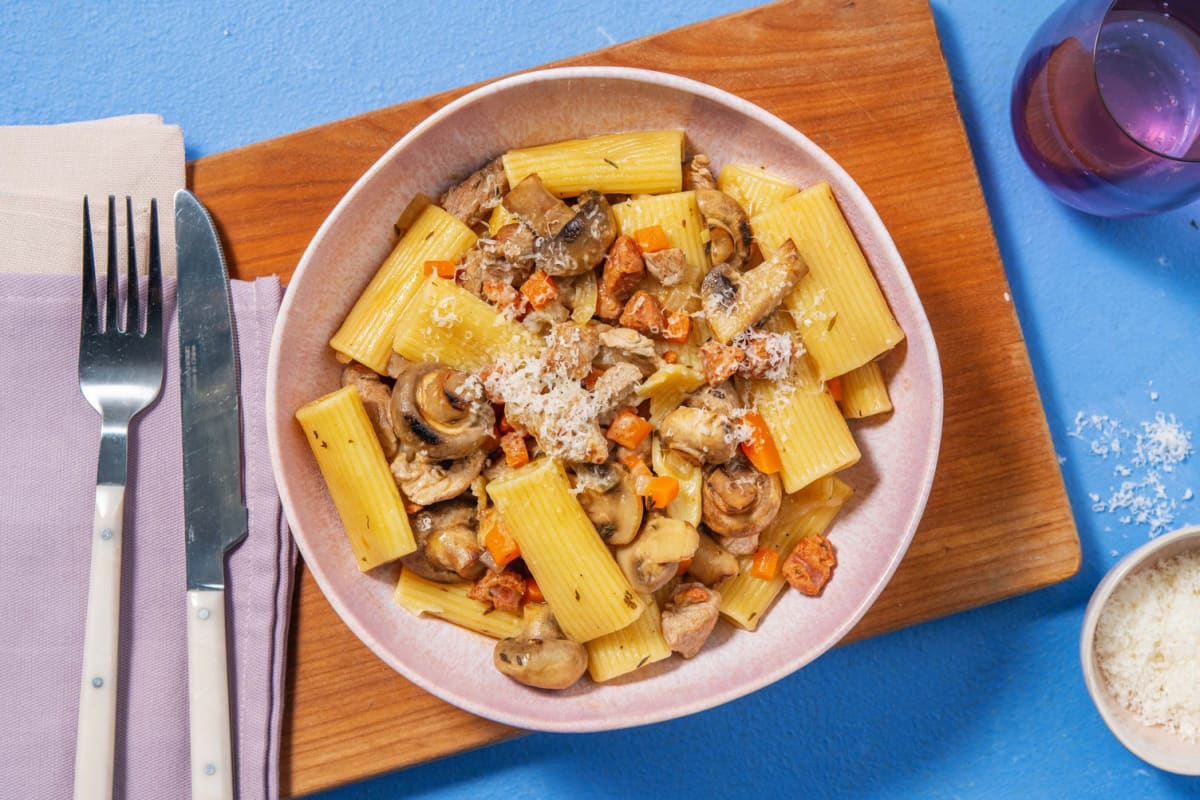 Rigatoni aux dés de porc & chorizo