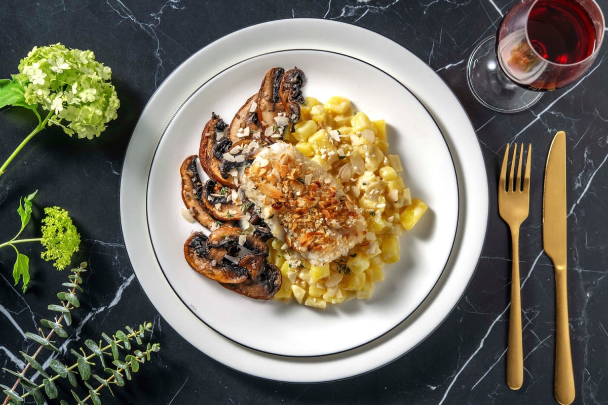 Kabeljauw met amandelkorst met champignons