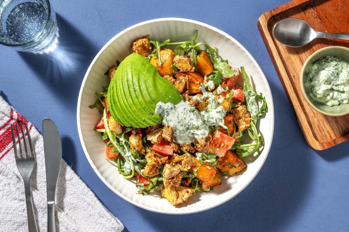 Süßkartoffelsalat mit Cajun-Popcorn-Tofu