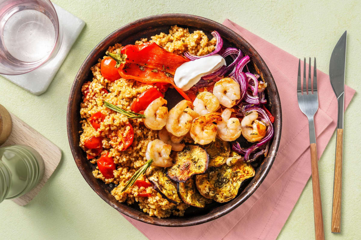 NutriScore - Bulgur gekookt - Garnalenspiezen met Mediterraanse bulgursalade