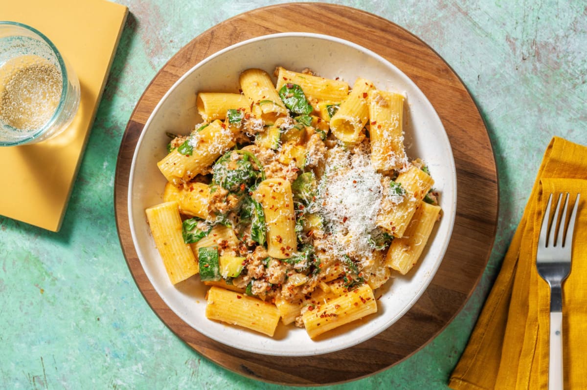 Pâtes crémeuses au pesto de tomates séchées et au double porc