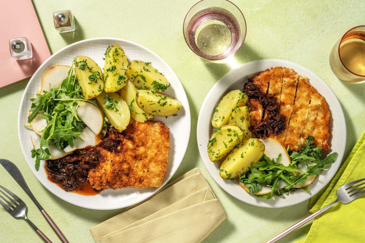 Panerad kyckling och karamelliserad lök