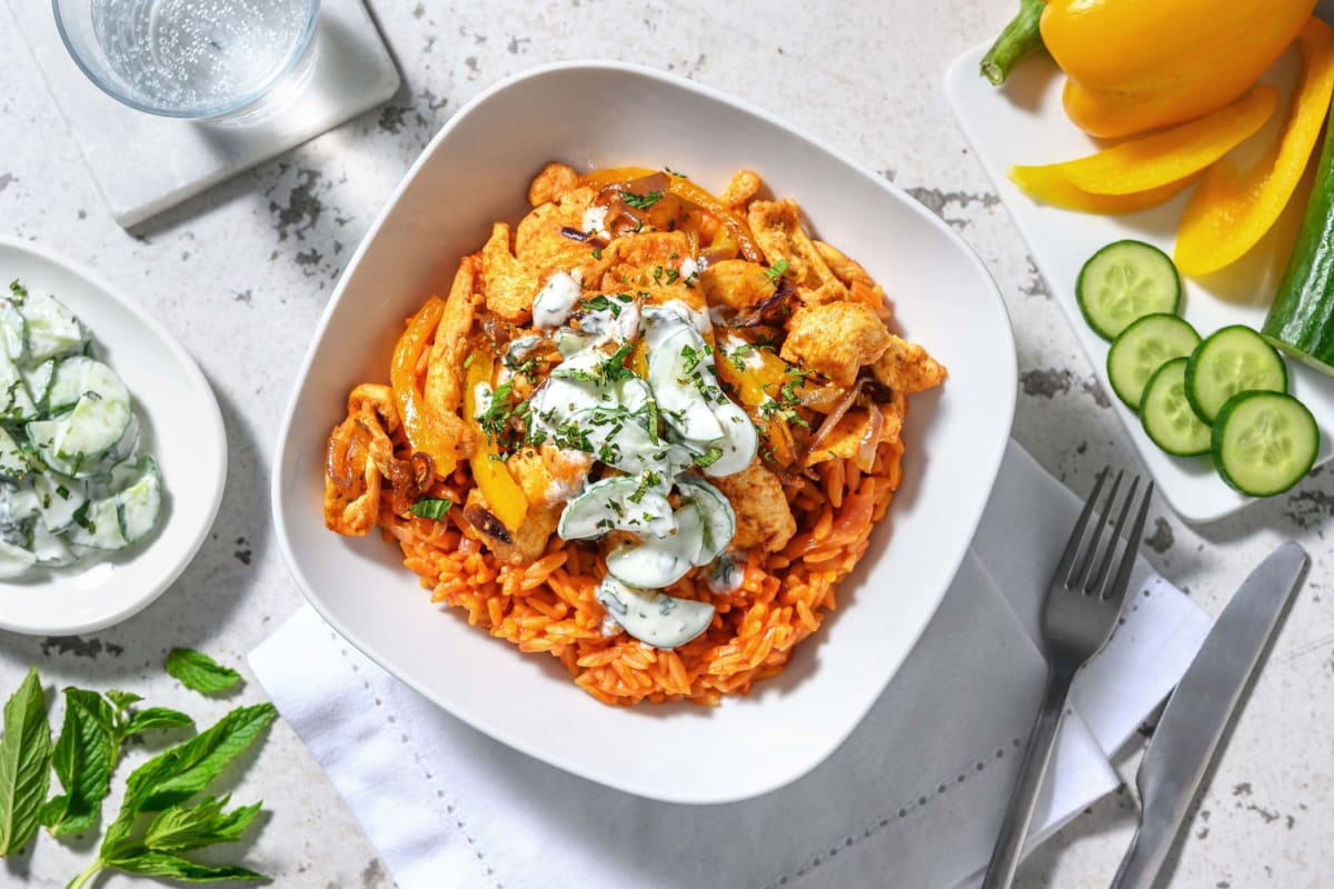 Gyros de poulet et orzo à la tomate