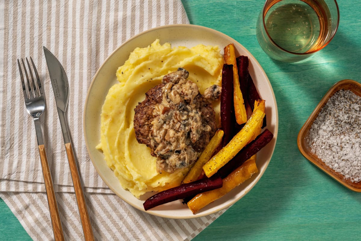 Runderburger met portobellosaus