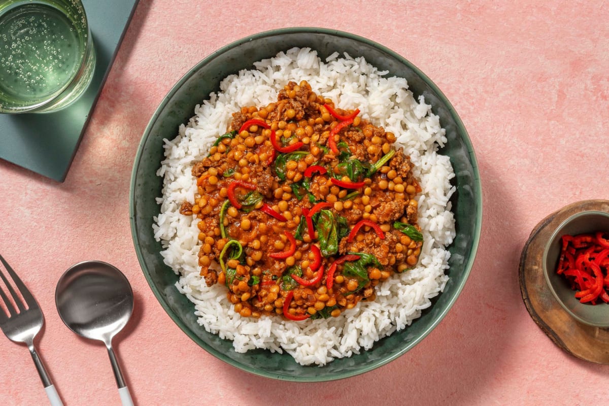 Rogan Josh Style Lamb and Chickpea Curry with Spinach and Basmati Rice