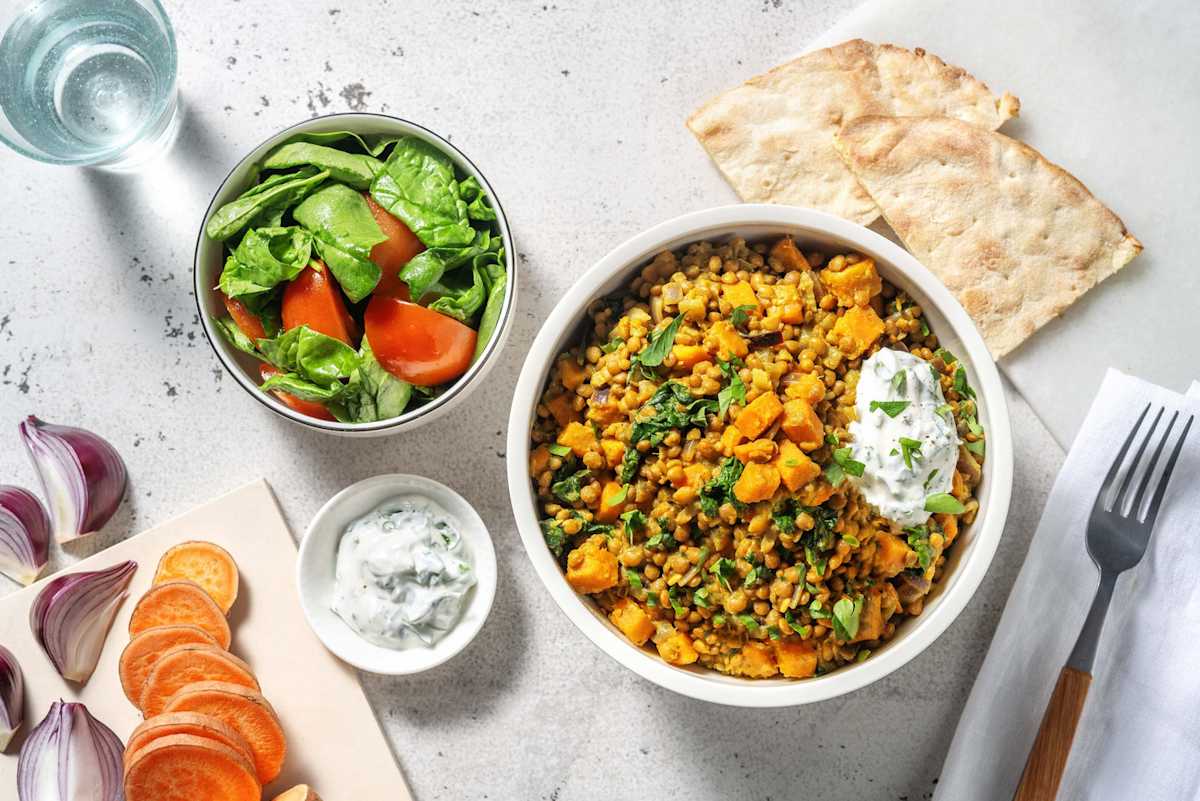 Curry de lentilles et patate douce avec pain naan