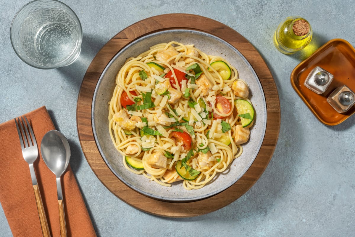 Spaghetti au poulet & légumes poêlés