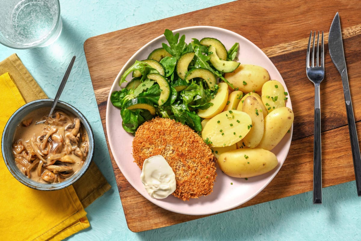 Vegetarische schnitzel met champignonroomsaus