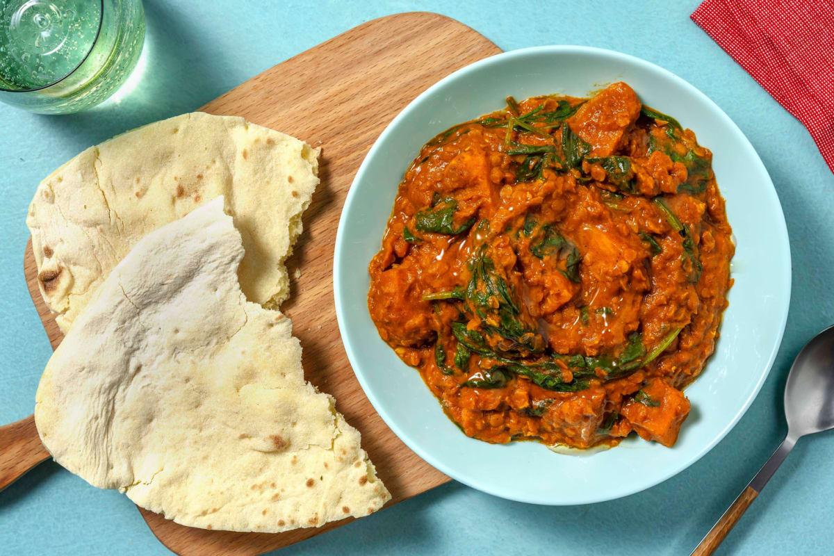 Sweet Potato Coconut Dal with Naans and Spinach