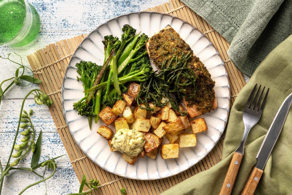 Pesto Baked Salmon and Parmentier Potatoes