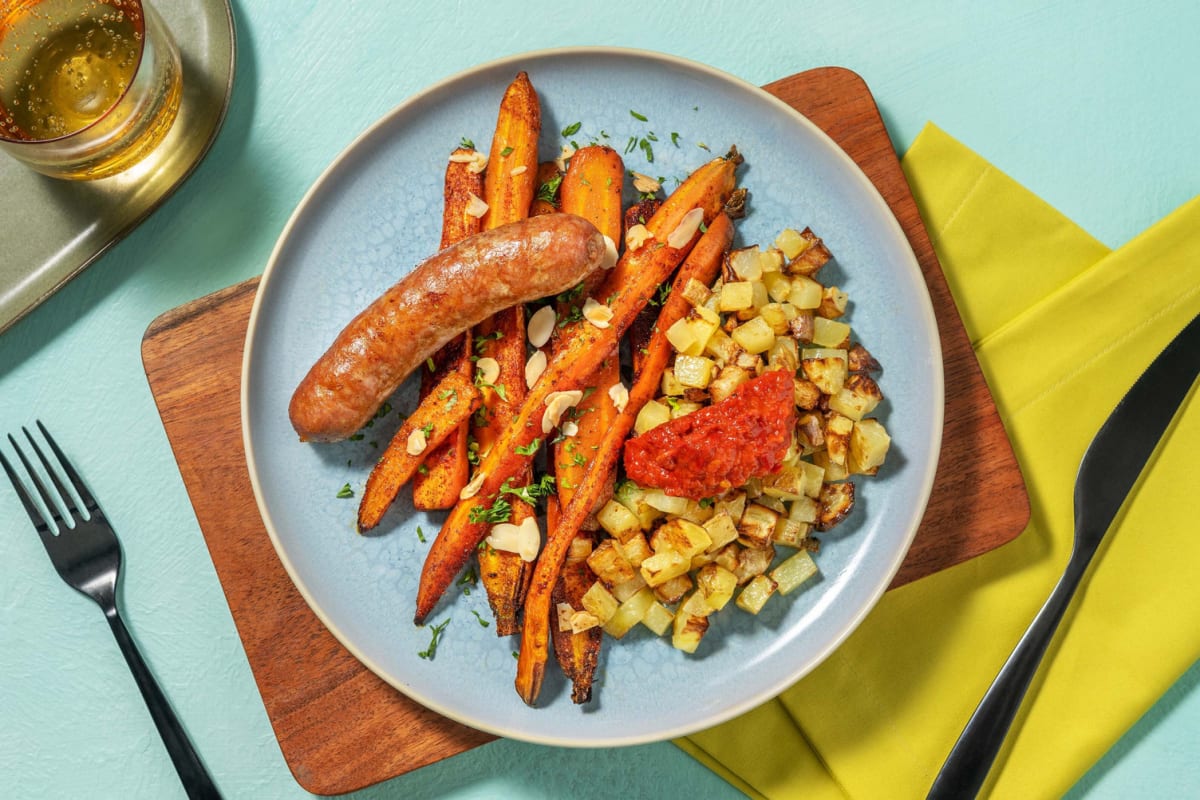 Saucisse de porc Brandt & Levie et dés de pommes de terre rôtis