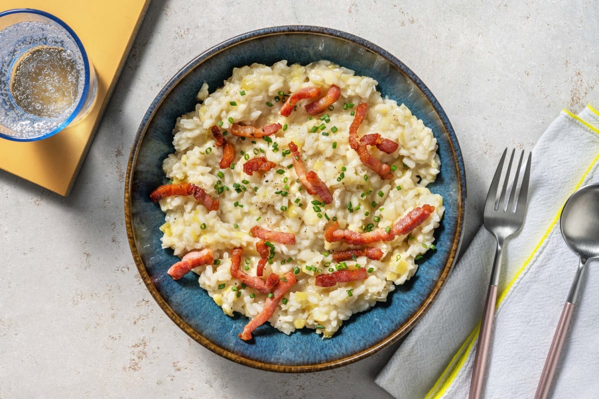 Risotto tendre aux lardons, poireau & cantal