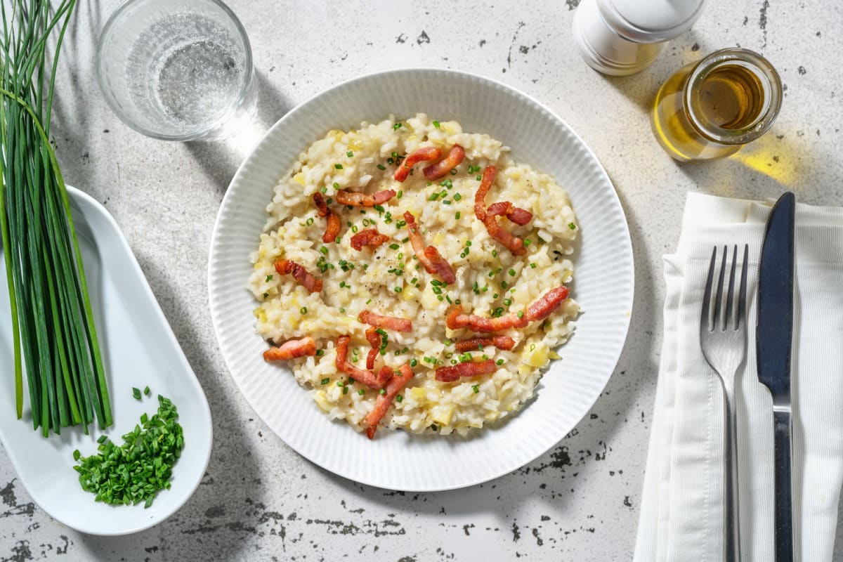 Risotto crémeux au poireau & lardons