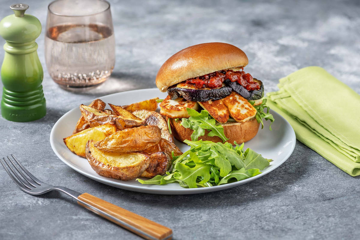 Halloumi and Roasted Aubergine Burger Recipe HelloFresh