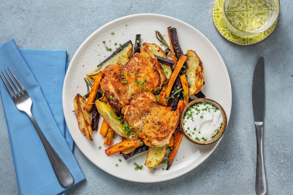 Cosce di pollo al miele e verdure arrosto