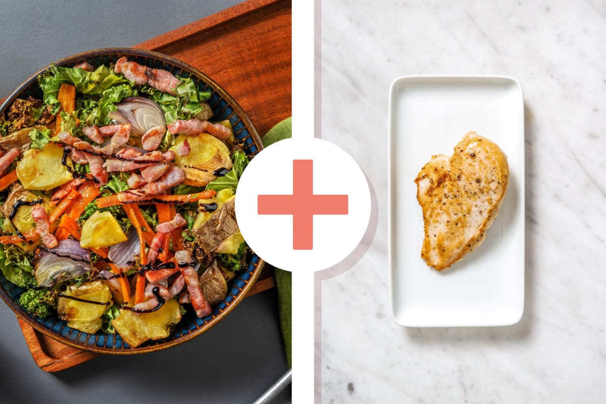 Roast Potato, Bacon and Crispy Kale Salad with Chicken Breasts