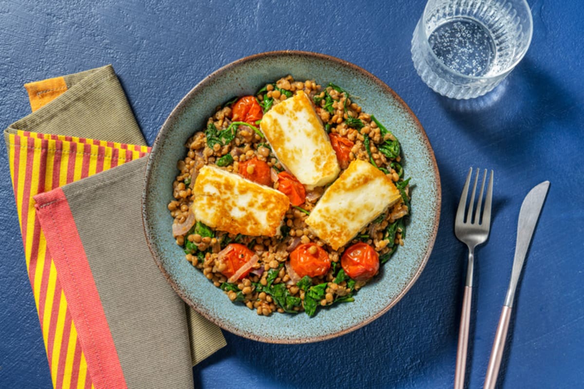 Pan-fried Cheese on Spiced Lentils