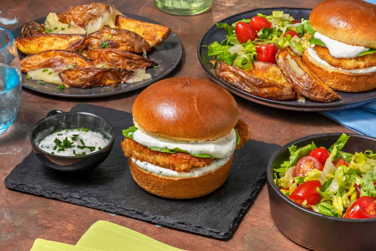 Fried Chicken Burger and Cheesy Wedges Recipe HelloFresh