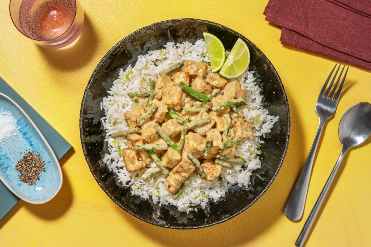Thai Green Style Tofu Curry with Zesty Jasmine Rice and Green Beans