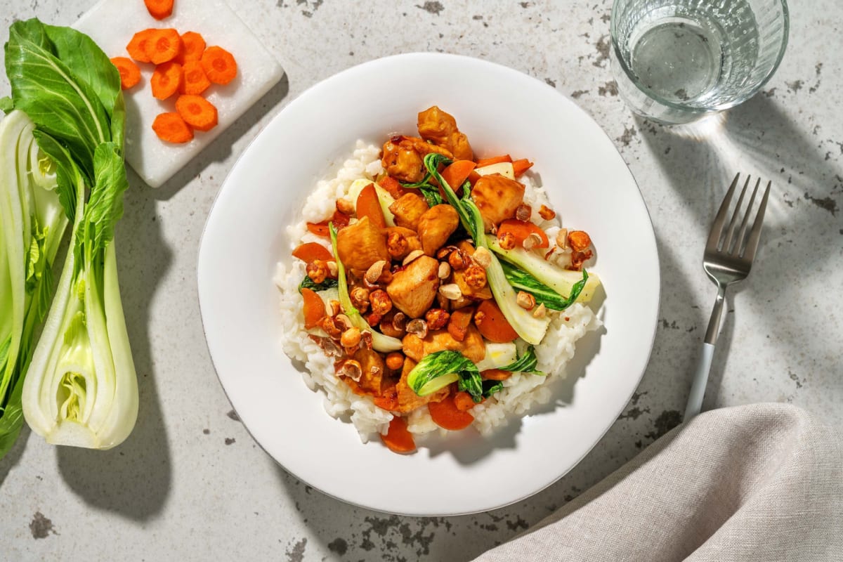 Poulet à l'asiatique en sauce sucrée et riz à l’ail