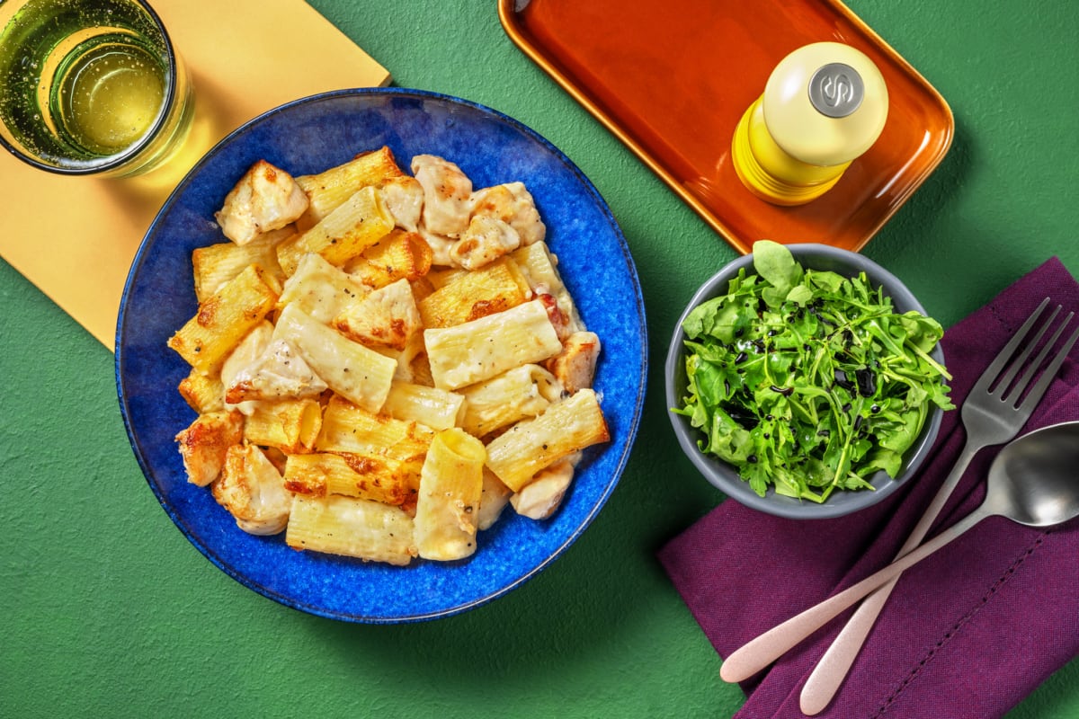 Ultimate Creamy Chicken and Bacon Rigatoni Bake