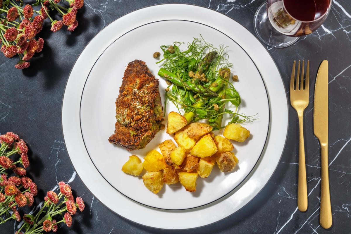 Pesto Crusted Lamb Steak and Roast Potatoes