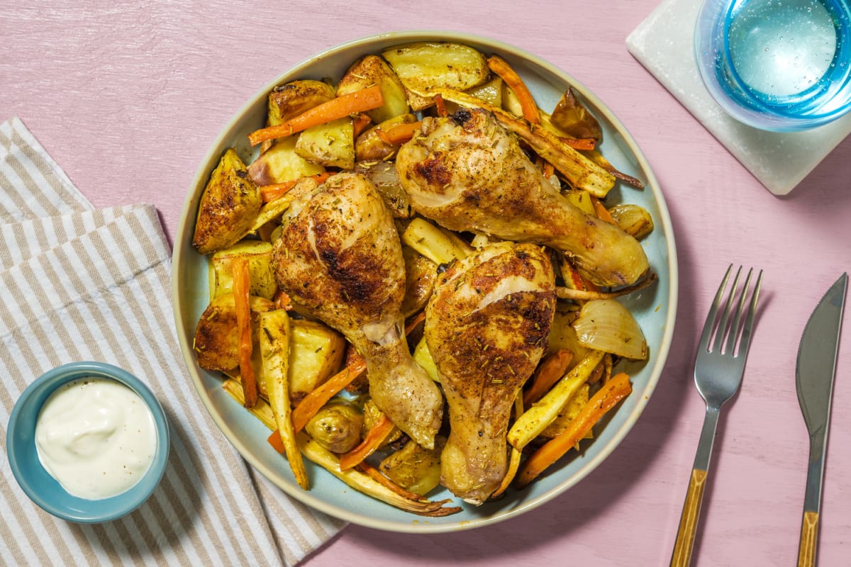 Pilons de poulet rôtis & légumes racines