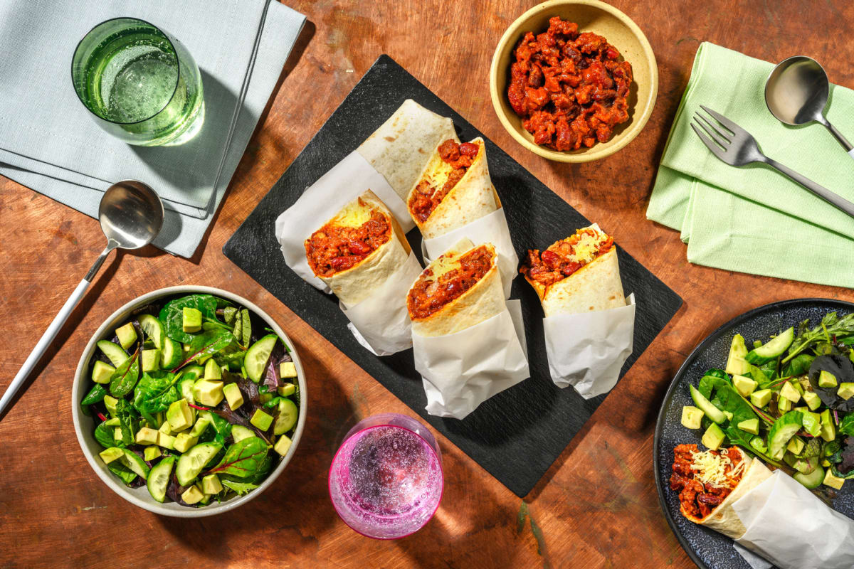 Burrito mexicano au bœuf, frijoles & cheddar