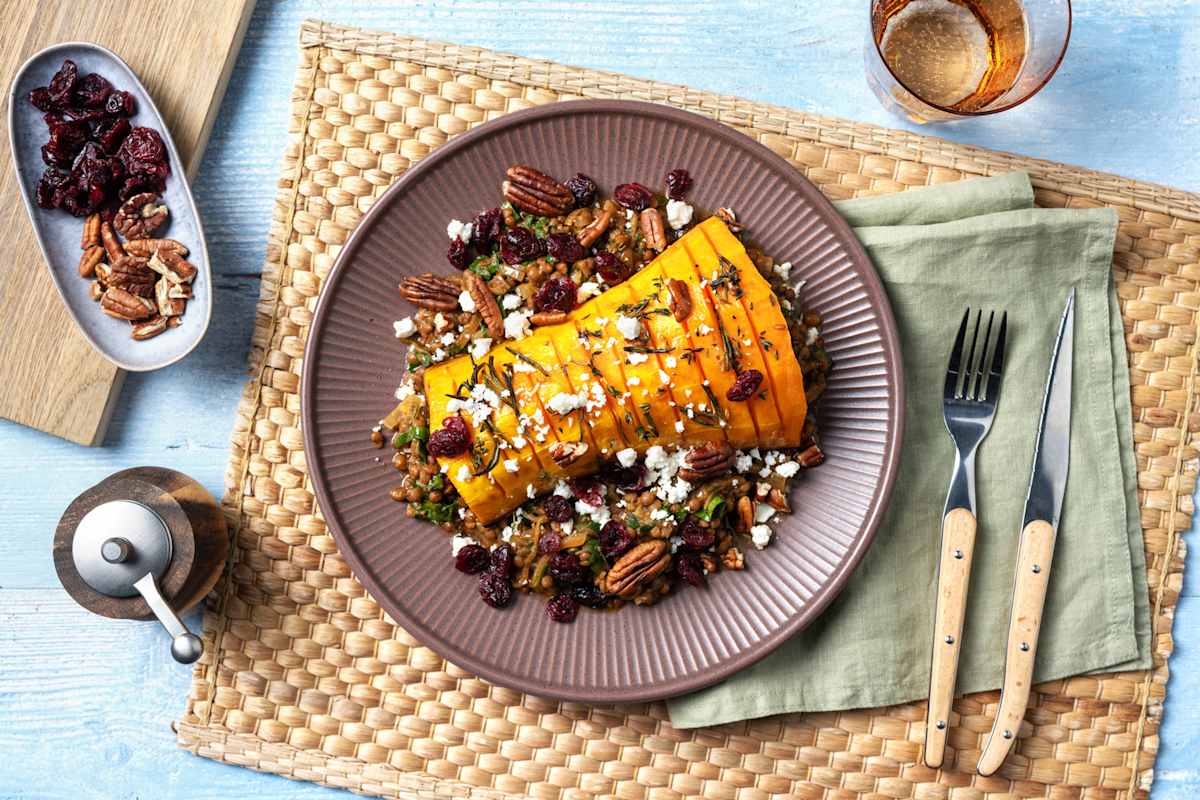 Hasselback pompoen met feta