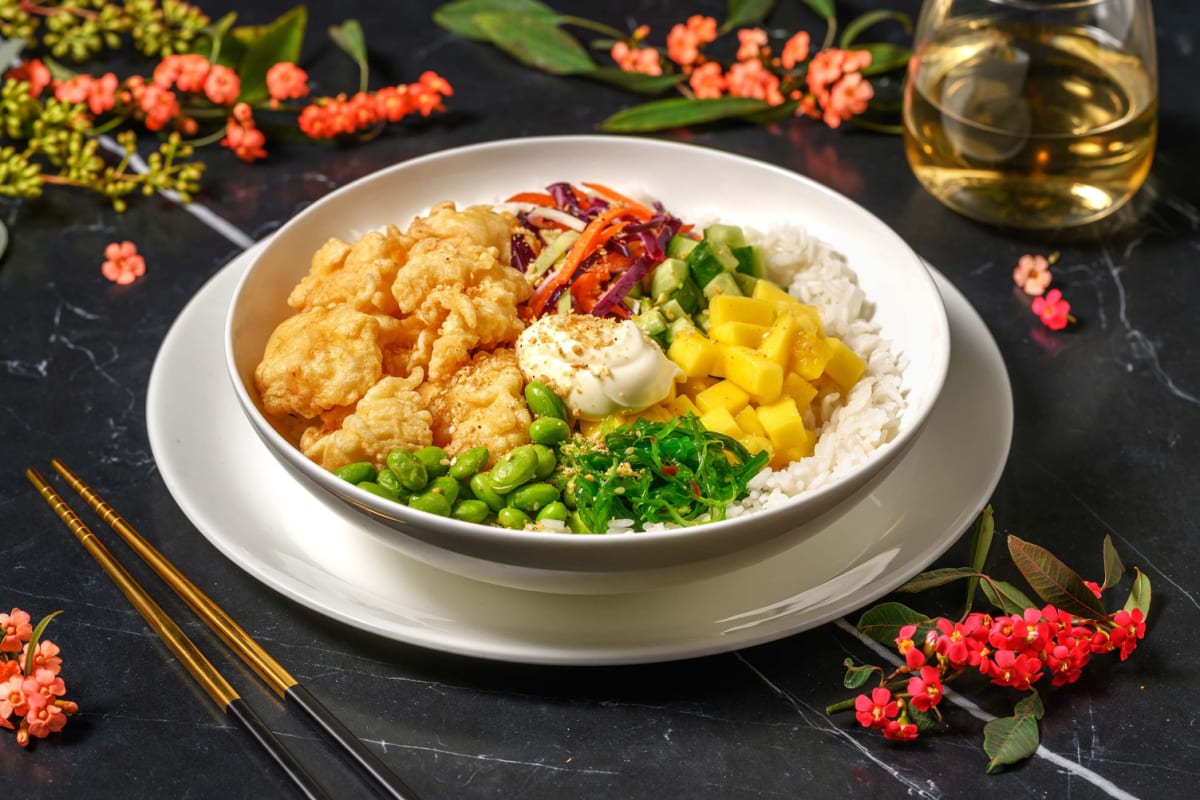 Luxe rijstbowl met kabeljauwtempura en mango