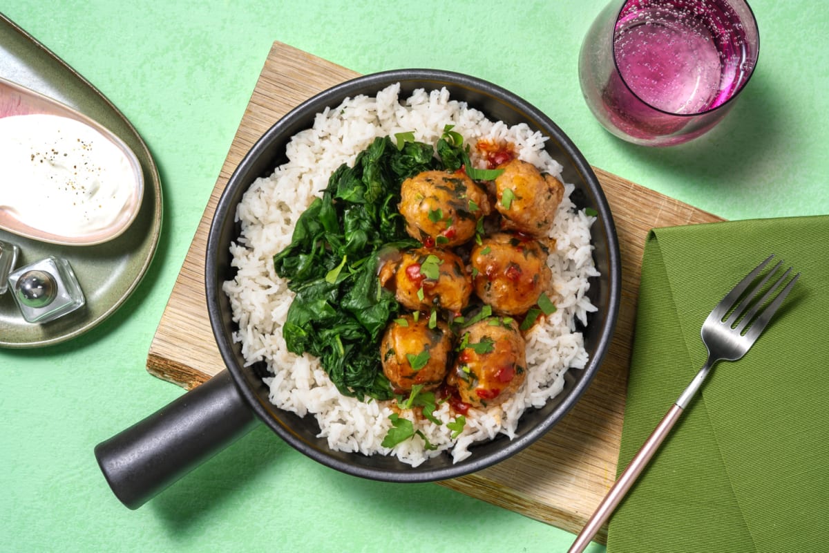 Polpette di pollo in agrodolce e spinaci