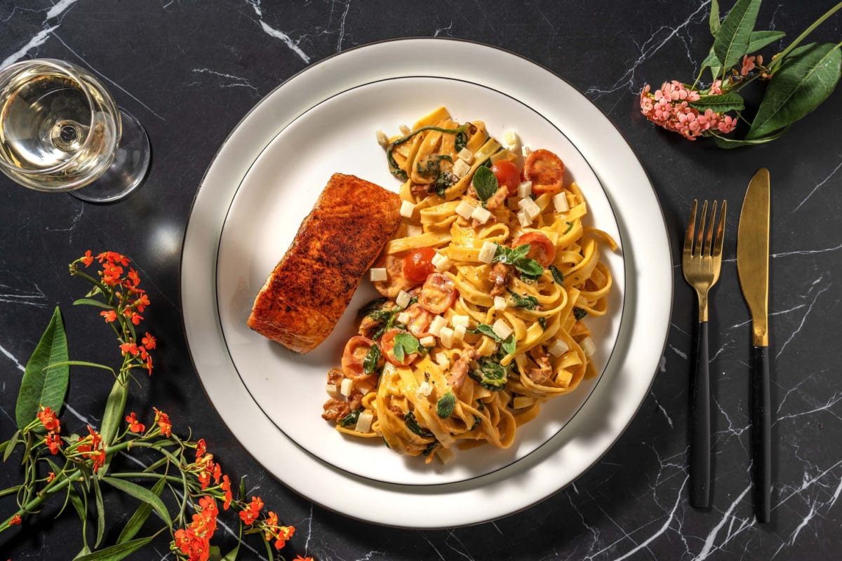 Tuscan salmon and creamy tagliatelle