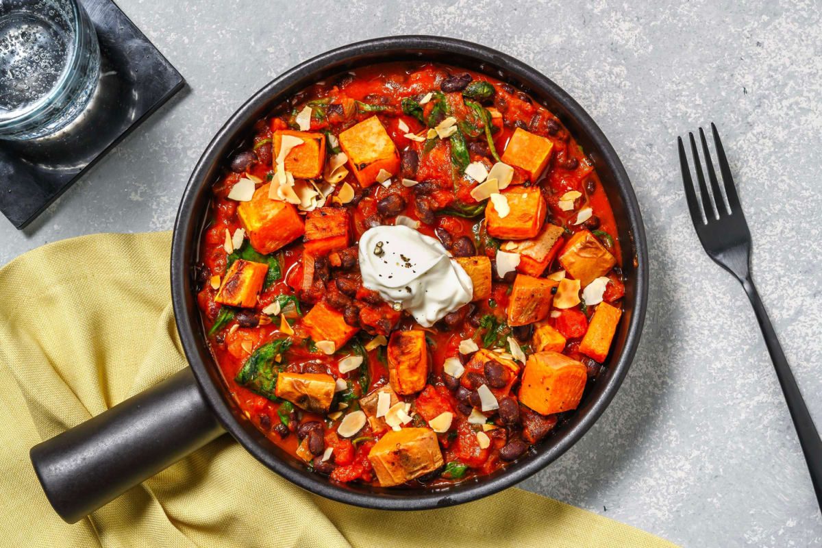 Chorizo, Black Bean and Sweet Potato Harissa Stew