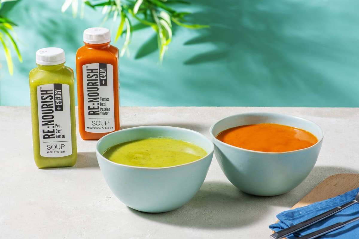 Re:Nourish Calm - Tomato and Passion Flower Soup and  Energy - Pea, Basil and Lemon Soup Variety Bundle