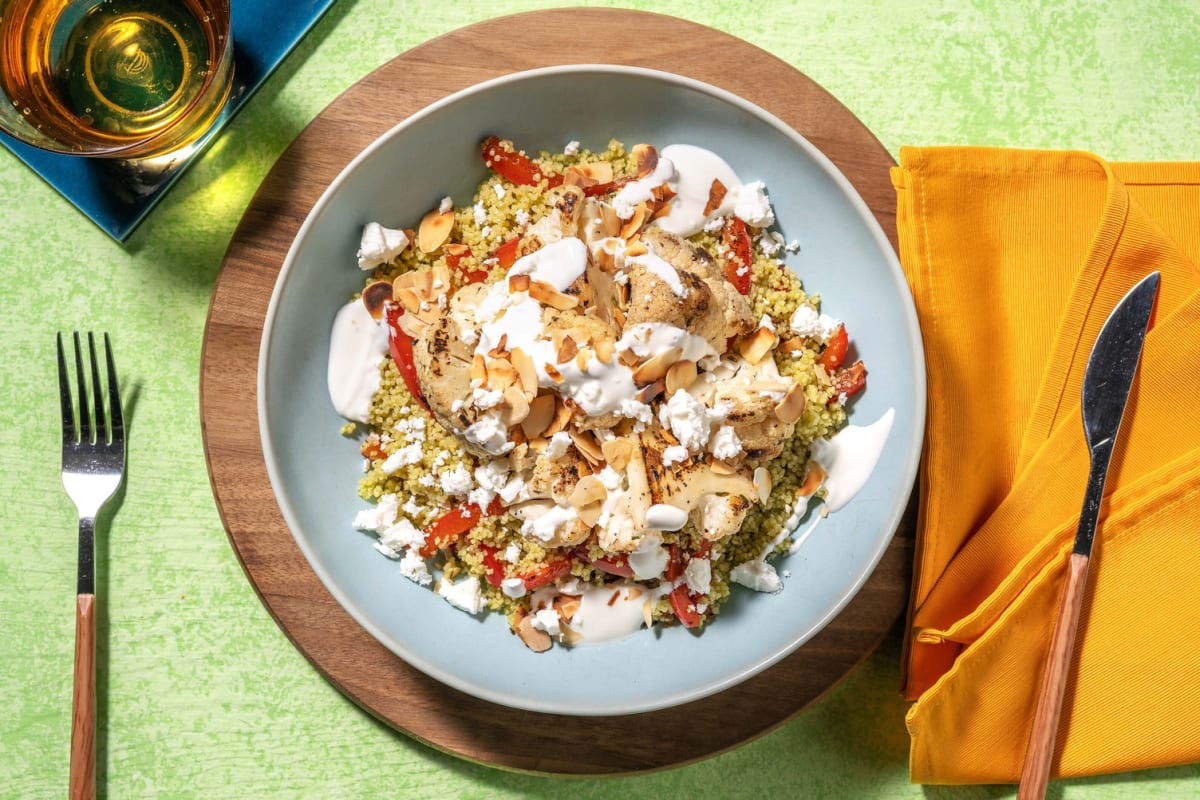 Salmon and Spiced Roasted Cauliflower on Zhoug Couscous