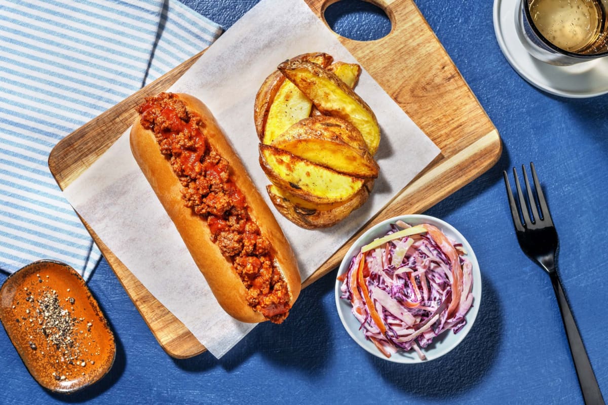 Chipotle Beef Chilli in a Bun and Wedges Recipe HelloFresh