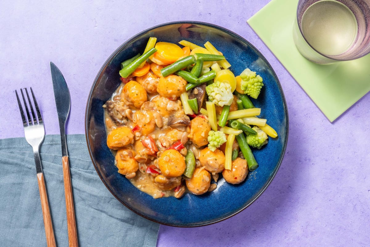 Süßkartoffel-Gnocchi in Erdnusspesto mit Romanesco