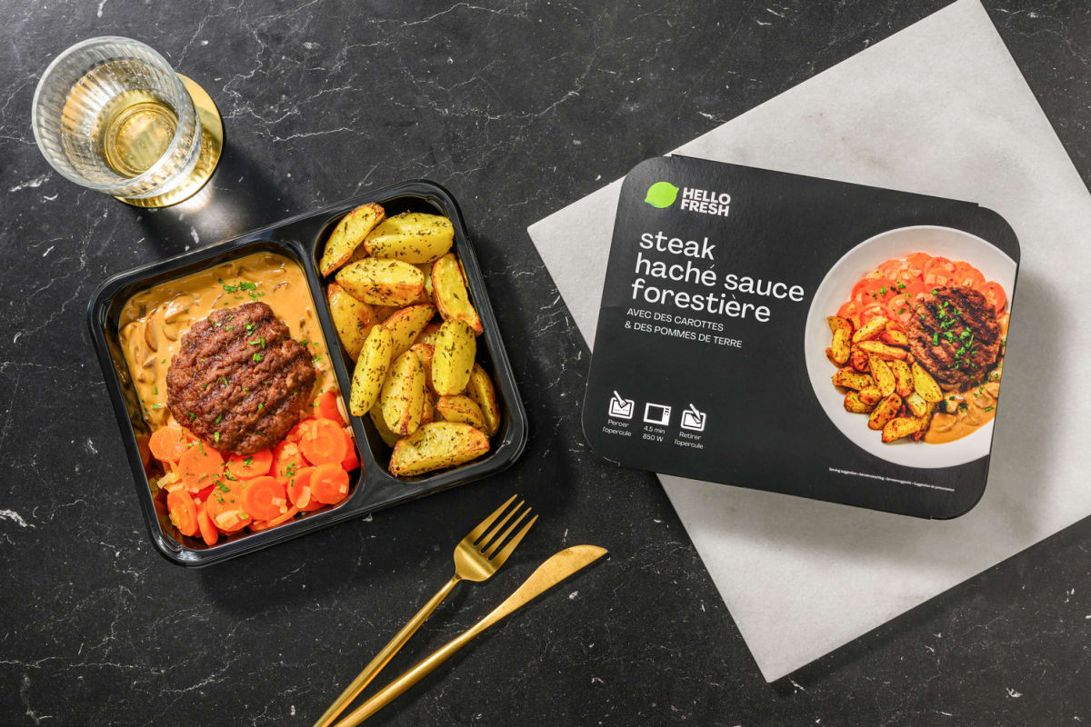 Steak haché à la forestière, carottes & potatoes