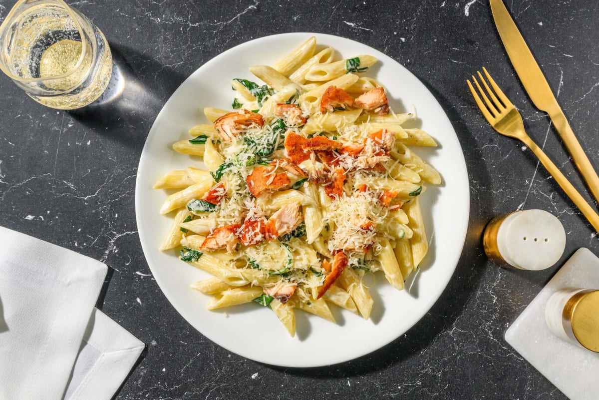 Salmon Penne In Creamy Spinach Sauce