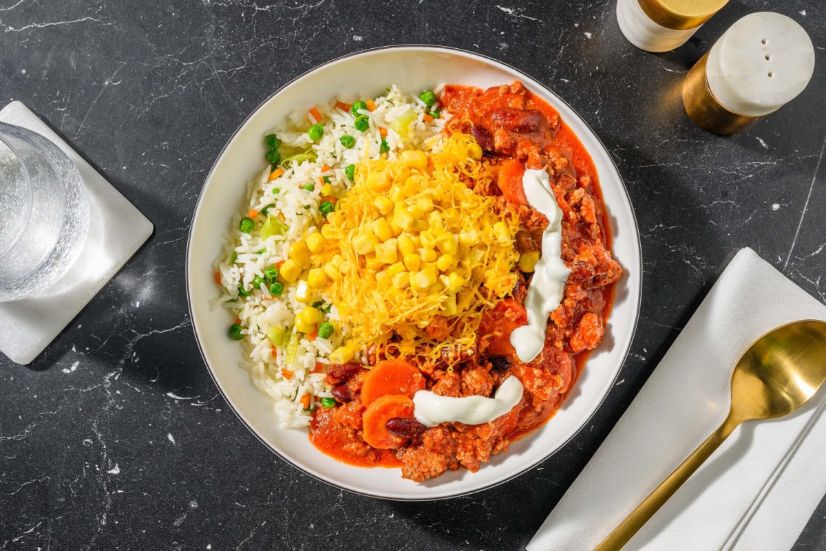 Chili con carne met rijst en groenten