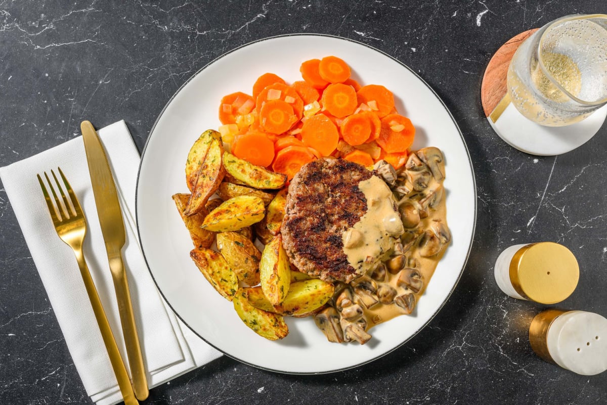 Beef Burger With Mushroom Sauce, Honey Glazed Carrots and Potatoes