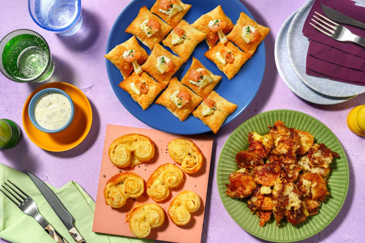 Truffle Cheese Palmiers, Smoked Salmon Puff Pastry Bites, Cheese & Onion Marmalade Smashed Potatoes