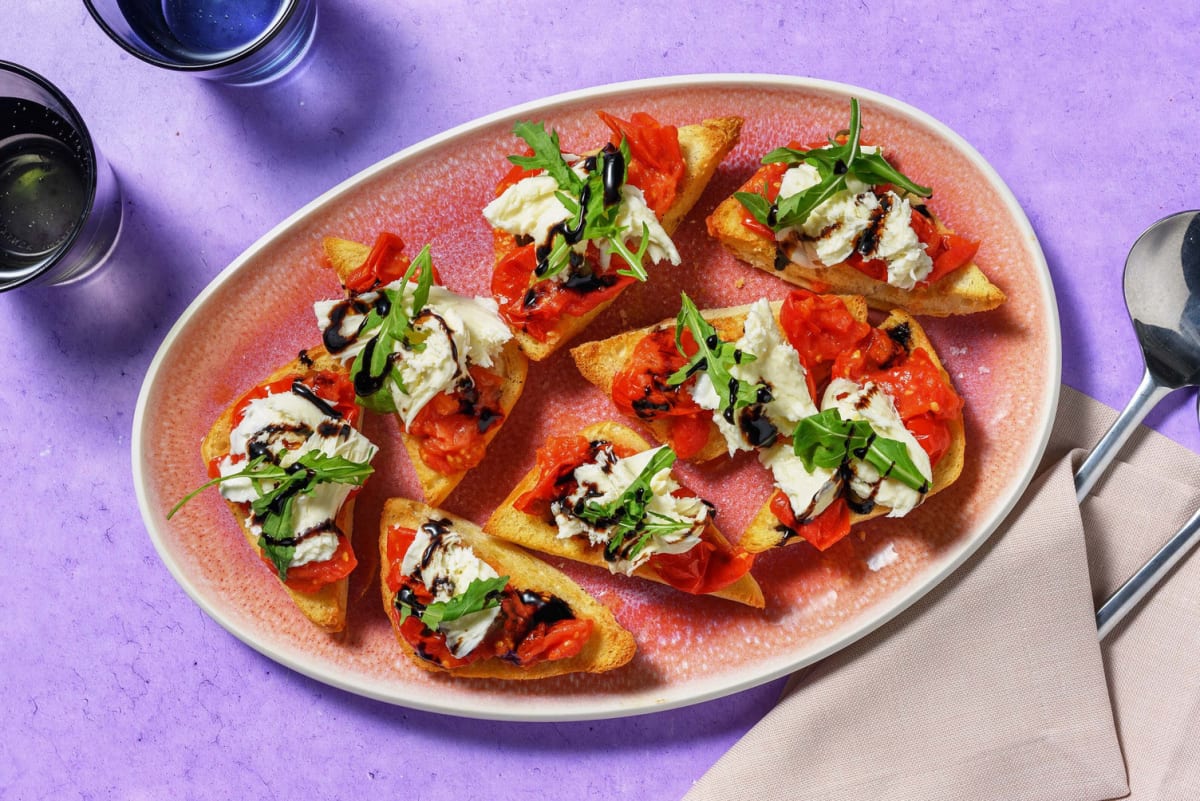 Mozzarella, Pesto and Roasted Tomato Bruschetta