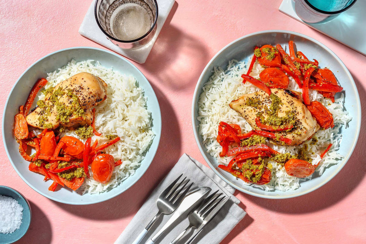 Pesto Chicken Traybake and Garlic Rice Recipe HelloFresh