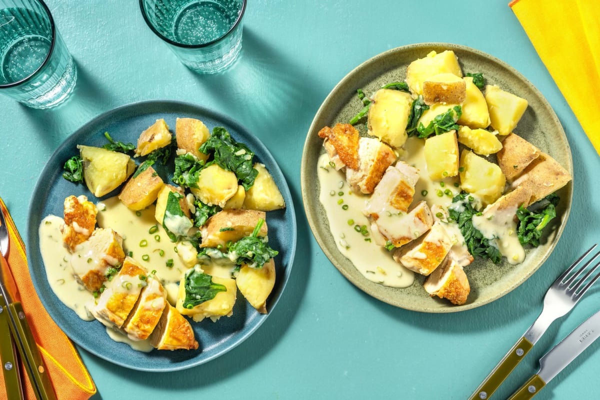 Roasted Chicken and Chive Sauce with Spinach and Potatoes