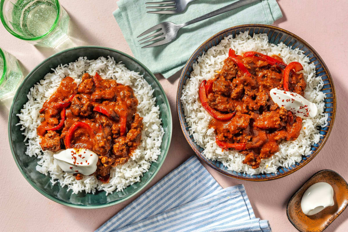 Beef Rogan Josh Style Curry with Peppers and Ginger Rice