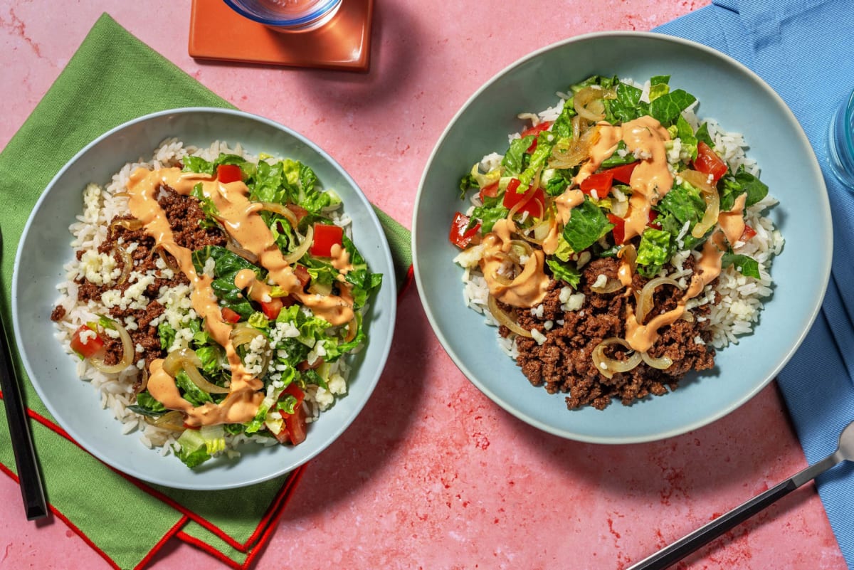 Cheeseburger Style Beef and Bacon Rice Bowl