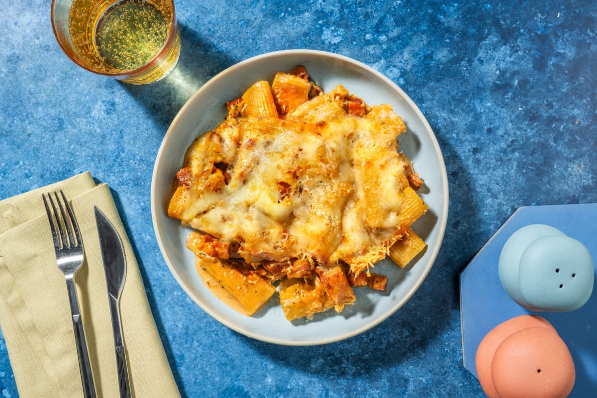 Rigatoni con chorizo y queso gratinado